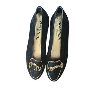 Nina Black Suede Leather Loafers Gold Beaded Bow Sz 9 Made in Spain Euro Summer